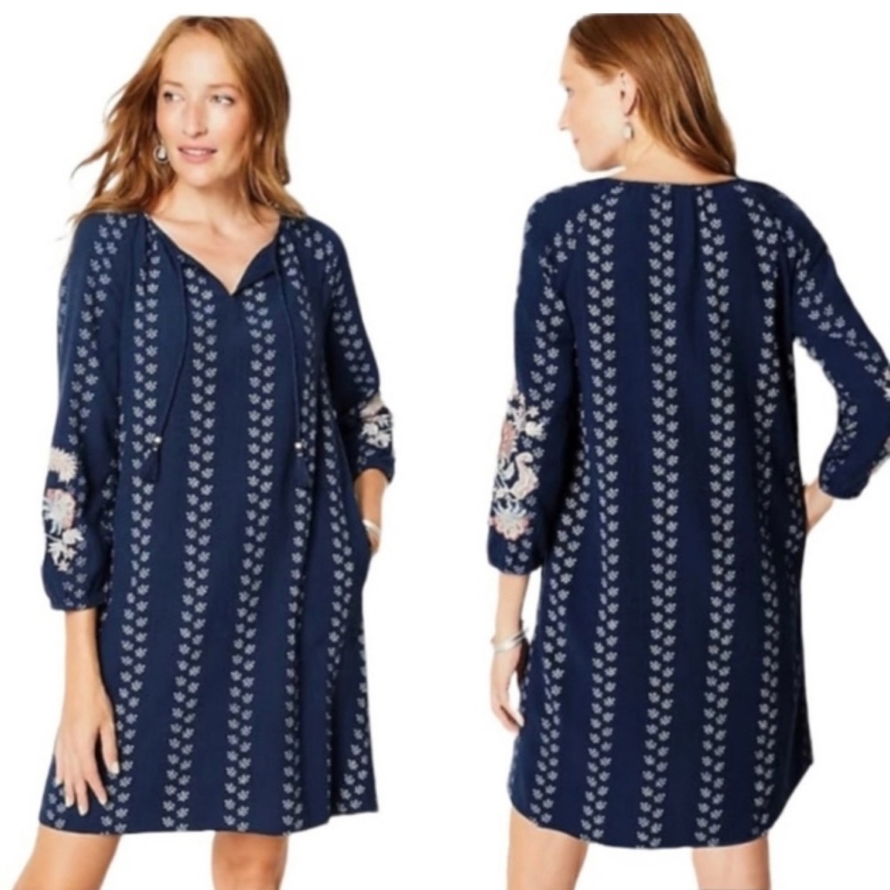 J. Jill Floral Embroidered‎ Peasant Tunic Blue Batik Print Dress